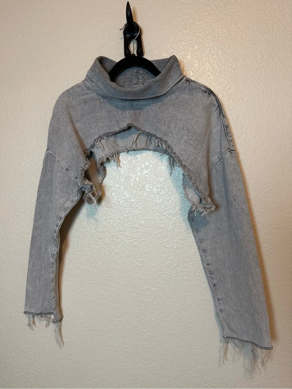 Zara Extreme Crop Top Denim Turtleneck Gray Size Large